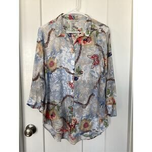 John Mark blue and white linen button up top colorful womens size small